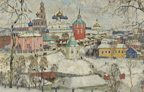 Зима, снег, дома, картина, городской пейзаж, Константин Горбатов, Вид Троице-Сергиевой Лавры