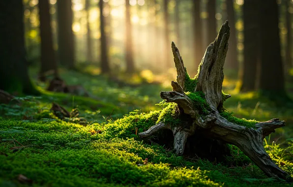 Лес, мох, коряга, forest, солнечные лучи, боке, bokeh, moss