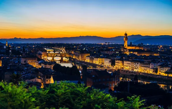 Ночь, Город, Италия, Здания, City, Флоренция, Italy, Ponte Vecchio