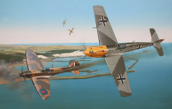 Картинка art, spitfire, airplane, aviation, bf-109, ww2