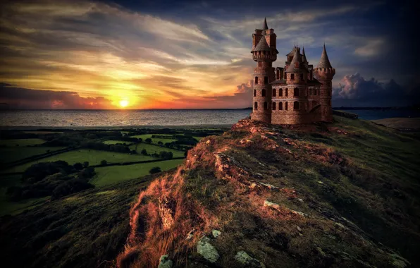Картинка море, закат, замок