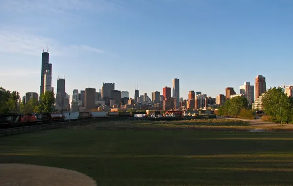 Картинка город, рассвет, небоскребы, панорама, чикаго, лужайка, chicago