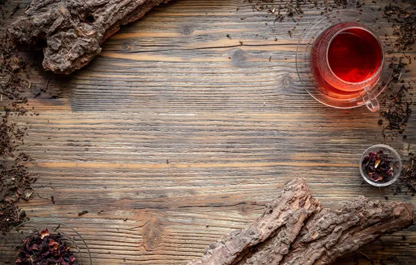 Стекло, чай, доски, лепестки, чаепитие, кружка, чашка, кора