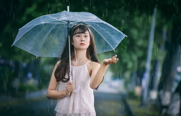 Девушка, капли, лицо, зонтик, дождь, рука, восточная
