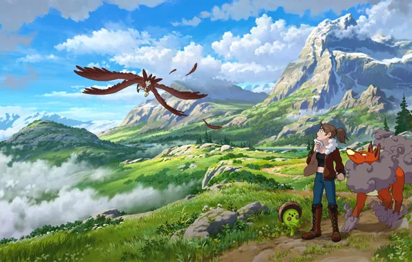 Горы, природа, звери, девочка, Kindred Fates