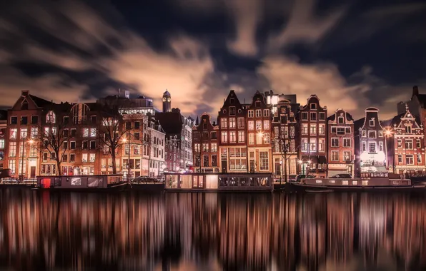 Картинка свет, город, дома, вечер, Амстердам, Нидерланды