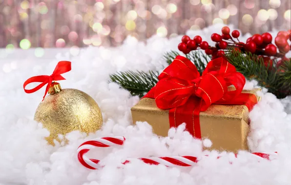 Снег, подарок, шары, Новый Год, Рождество, Christmas, balls, snow