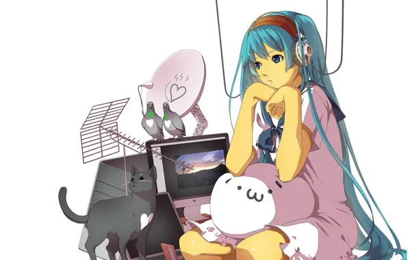 Провода, антенна, наушники, телевизор, голуби, сердечки, белый фон, vocaloid