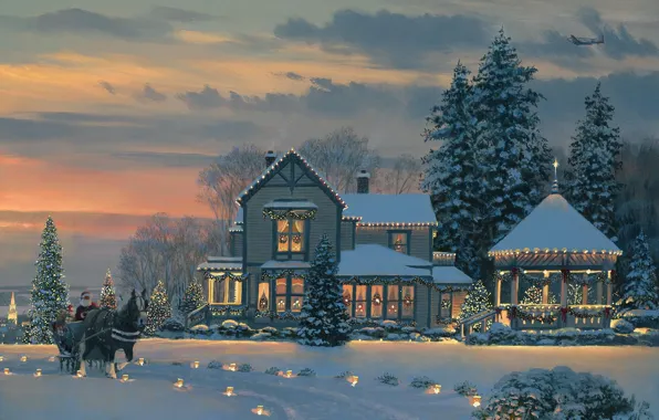 Картинка зима, снег, огни, дом, самолет, лошадь, елки, ель