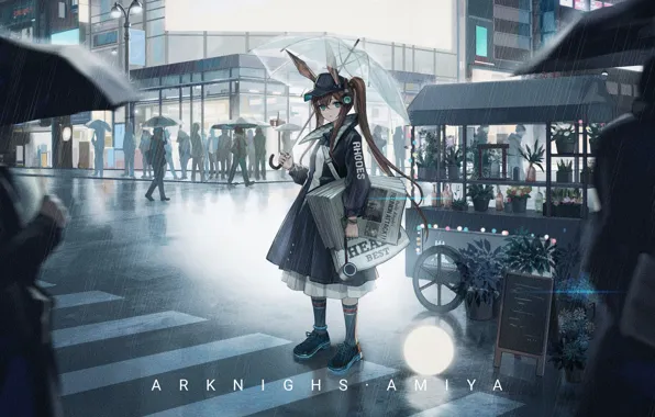 Девушка, город, люди, дождь, зонт, Arknights, Amiya