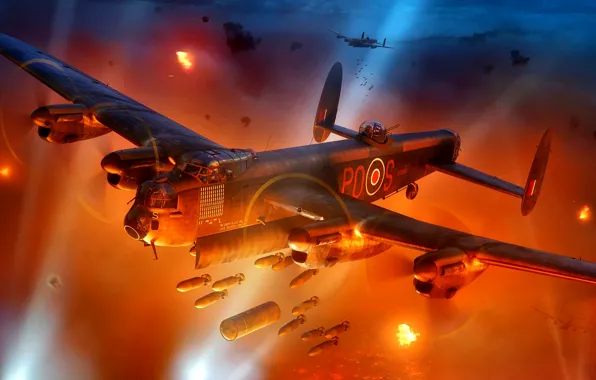 Ночь, Огонь, Avro, тяжёлый бомбардировщик, лучи от прожекторов, WWII, авиабомбы, 683 Lancaster