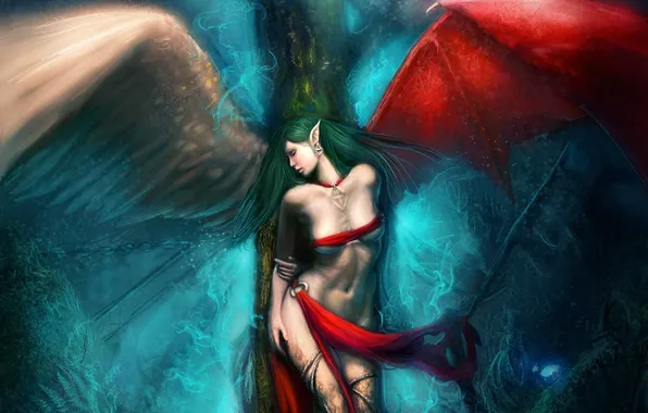 Картинка девушка, дерево, крылья, ангел, демон, арт