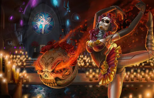 Картинка League of Legends, fan art, orianna, Lady of Clockwork, mexican skull