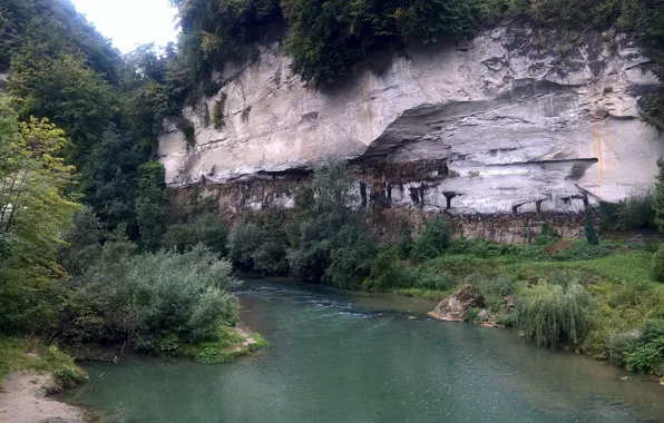 Summer, river, water, tree, switzerland, cliff, rock face, fribourg