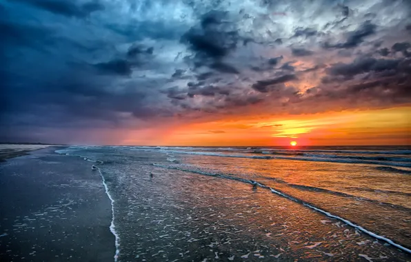 Картинка песок, море, пляж, небо, солнце, пейзаж, закат, природа