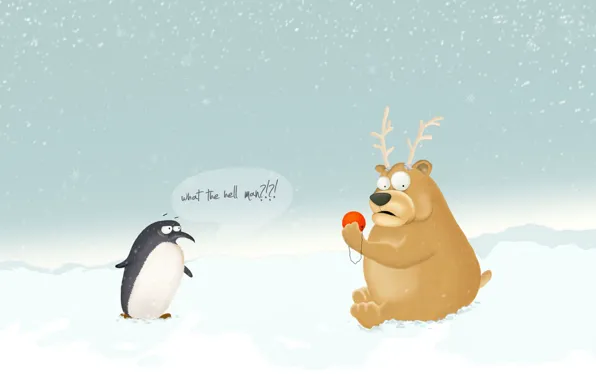 Картинка новый год, медведь, пингвин