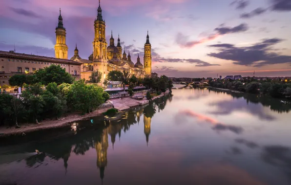 Картинка ночь, река, собор, Испания, Сарагоса