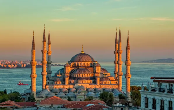 Картинка пейзаж, закат, пролив, башни, храм, Стамбул, Турция, дворец