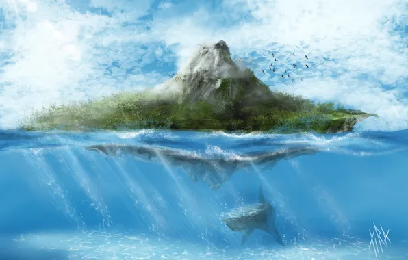 Картинка море, вода, облака, птицы, фантастика, остров, гора, рыба