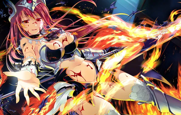 Девушка, Взгляд, Огонь, Доспехи, Кровь, Anime, Game CG, Shin Shirogane no Soleil