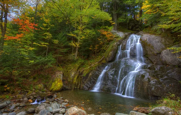 Картинка осень, лес, деревья, скала, камни, водопад