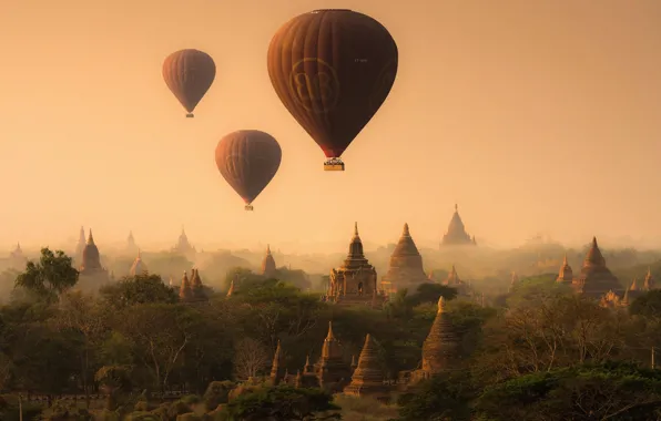 Небо, воздушные шары, Мьянма, храмы, древняя столица, пагоды, Паган