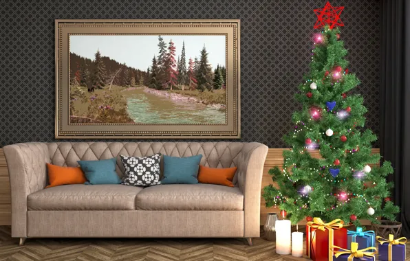 Диван, елка, интерьер, картина, свечи, подарки, Новый год, Christmas