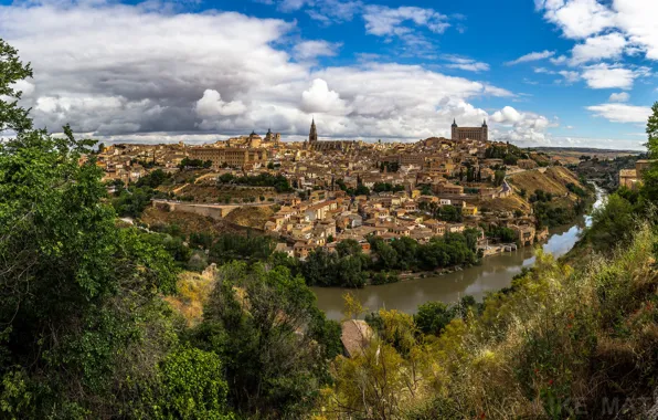 Деревья, река, дома, панорама, Испания, Толедо, Spain, Toledo