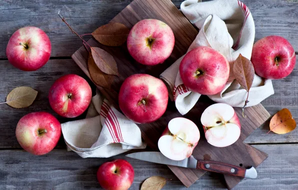 Осень, листья, яблоки, нож, доска, фрукты