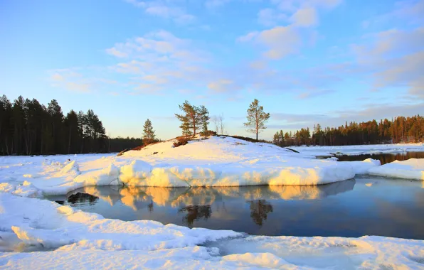 Картинка зима, лес, небо, вода, снег, природа, река, фото