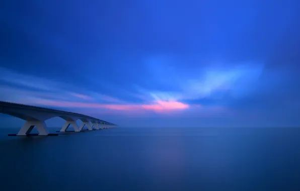 Море, небо, закат, тучи, мост