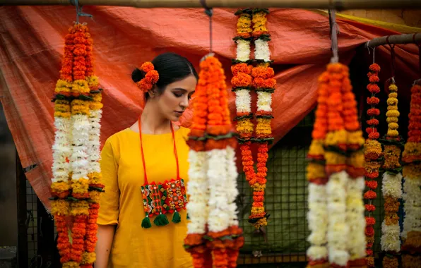 Girl, flowers, pose, indian, yellow dress, bollywood, fashion model