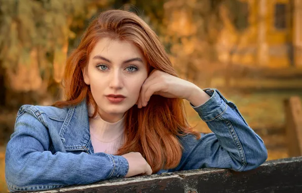 Картинка взгляд, девушка, поза, губы, рыжая, джинсовка