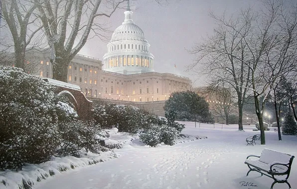 Картинка зима, свет, снег, парк, освещение, холм, фонари, Вашингтон