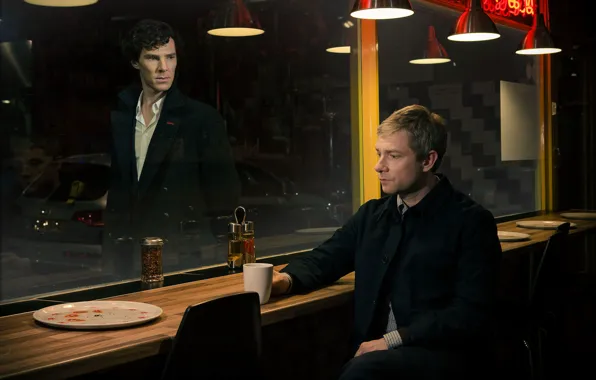 Картинка машина, стол, лампы, стулья, окно, актеры, Шерлок Холмс, мужчины
