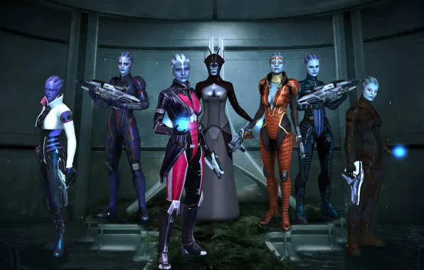 Картинка поза, рендеринг, оружие, девушки, Mass Effect, костюмы, Азари, биотики