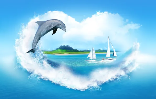 Картинка море, облака, брызги, дельфин, берег, сердце, парусники