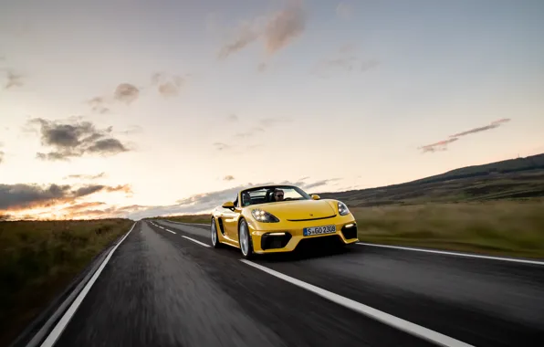 Закат, Дорога, Porsche, Скорость, Spyder, Porsche 718, 2019, Porsche 718 ( 982 ) Spyder