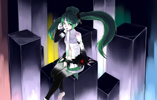 Девушка, арт, колонны, vocaloid, Hatsune Miku, Вокалоид, miku append