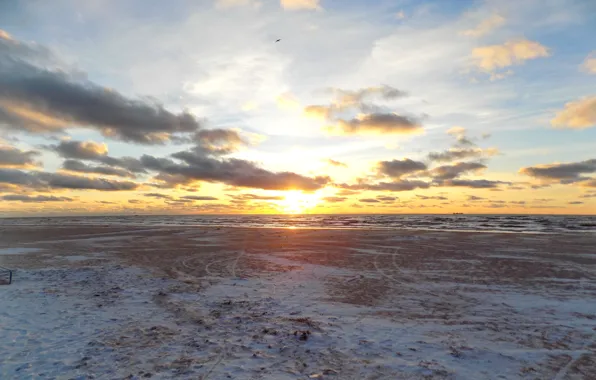 Зима, море, пляж, Закат, балтийское море