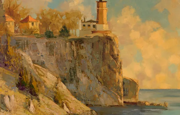 Картинка море, маяк, живопись, картина маслом