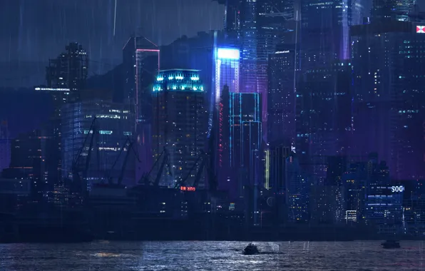 Море, Порт, Ночь, Город, Неон, Дождь, Здания, City
