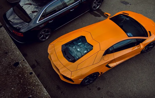 Audi, Lamborghini, black, orange, Aventador, LP 700-4