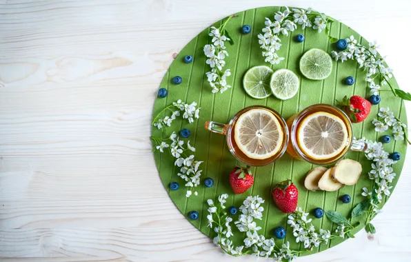 Картинка цветы, ягоды, лимон, чай, горячий, черника, клубника