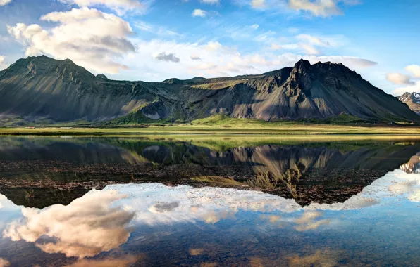 Картинка трава, облака, фон, widescreen, обои, wallpaper, grass, Исландия
