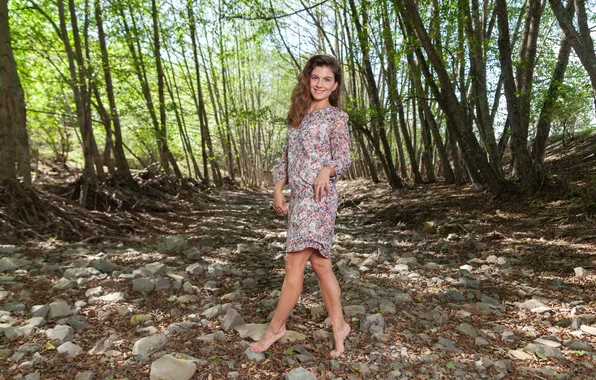 Forest, long hair, trees, nature, rocks, model, brunette, gorgeous