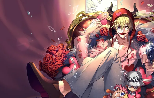 Пистолет, джокер, букет, парень, One Piece, игруши