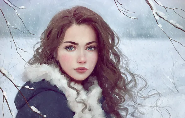 Картинка girl, blue eyes, winter, snow, lips, face, painting, brunette