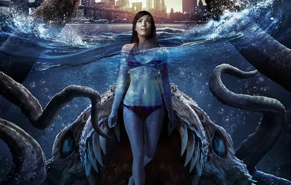 Cinema, girl, monster, sea, movie, brunette, fang, film