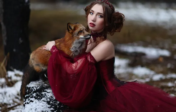 Взгляд, девушка, снег, природа, стиль, портрет, макияж, лиса